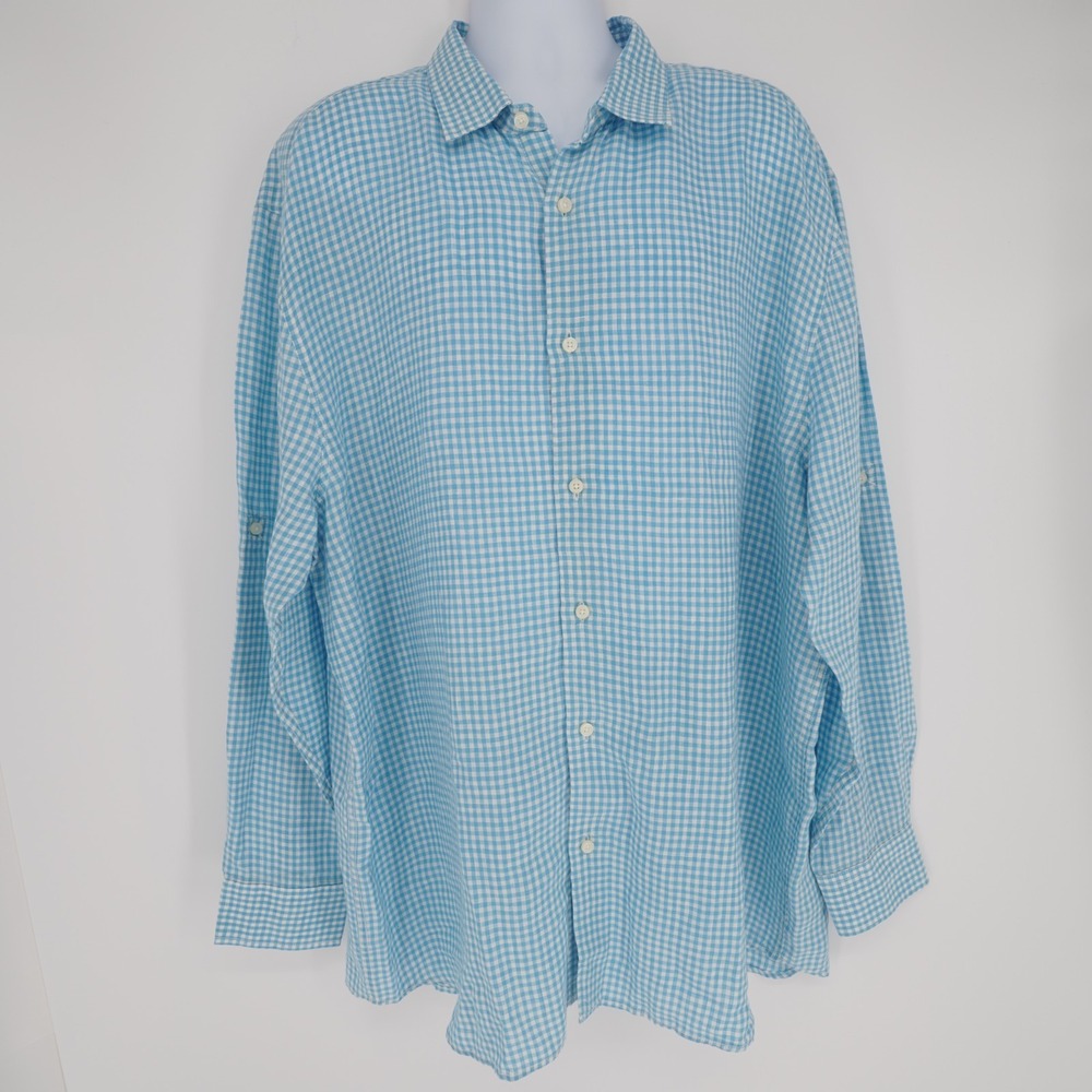 Isle Bay Linen Button Up Shirt Men XXL Blue Gingham Check Roll Tab Resort Summer